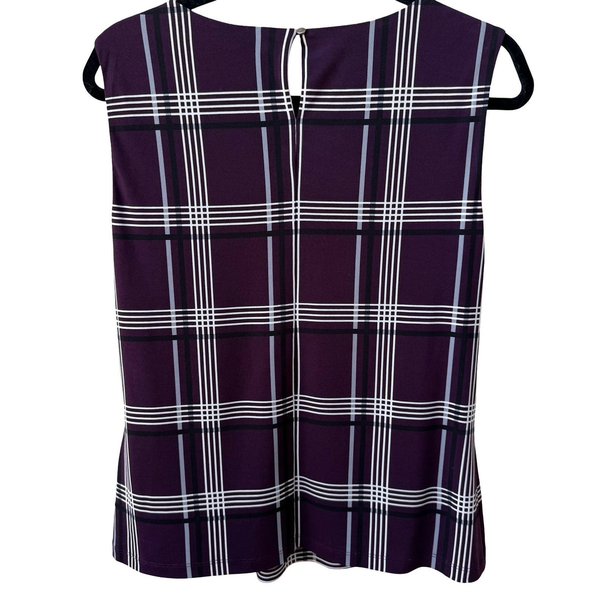 Calvin Klein Preppy Plaid Minimalist Pleated Neck Sleeveless Blouse Purple M