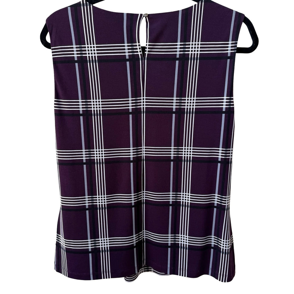 Calvin Klein Preppy Plaid Minimalist Pleated Neck Sleeveless Blouse Purple M