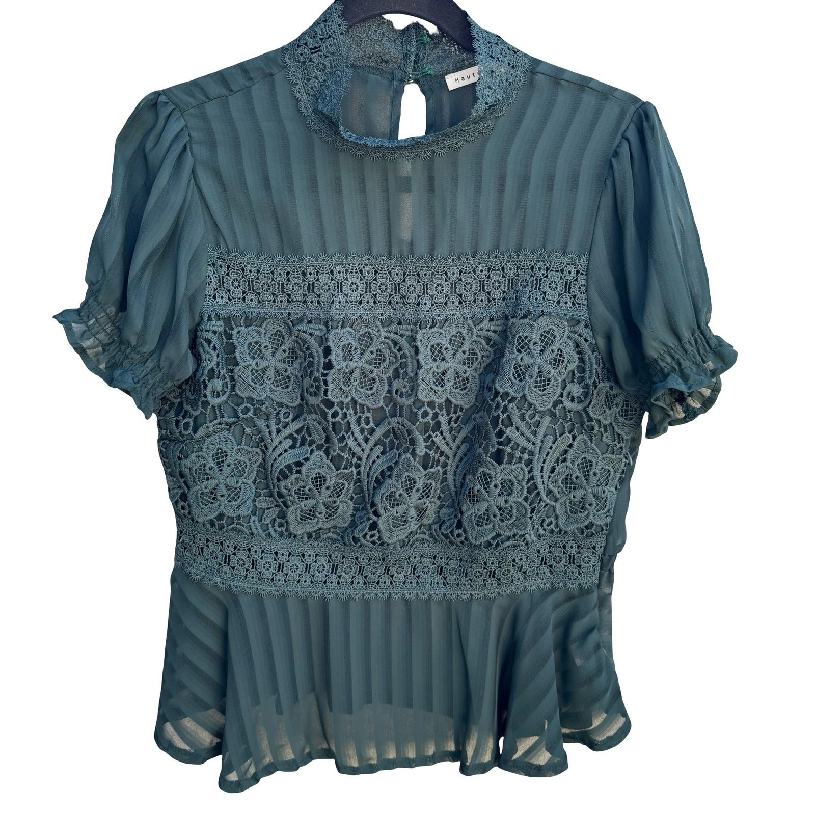 Haute Monde Teal Lace Panel Shadow Stripe Mock Neck Peplum Blouse Goth Victorian
