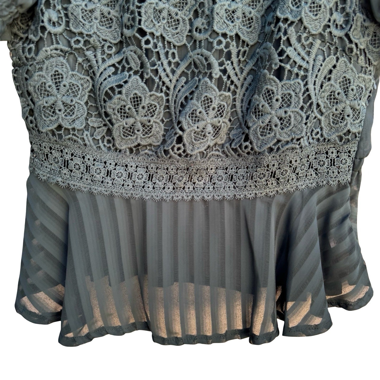 Haute Monde Teal Lace Panel Shadow Stripe Mock Neck Peplum Blouse Goth Victorian