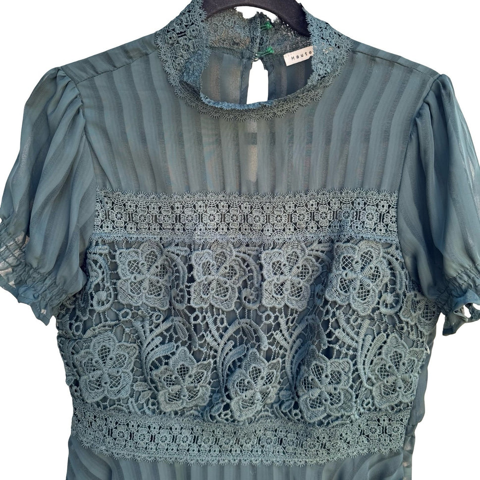 Haute Monde Teal Lace Panel Shadow Stripe Mock Neck Peplum Blouse Goth Victorian