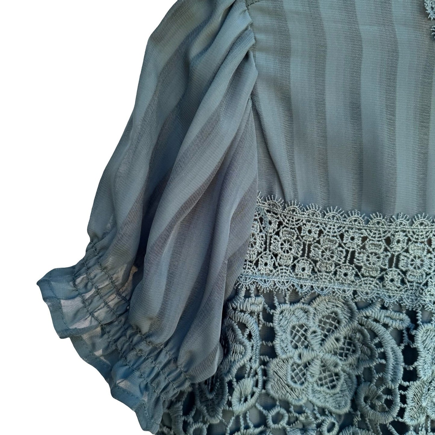 Haute Monde Teal Lace Panel Shadow Stripe Mock Neck Peplum Blouse Goth Victorian