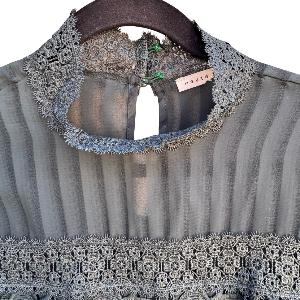 Haute Monde Teal Lace Panel Shadow Stripe Mock Neck Peplum Blouse Goth Victorian
