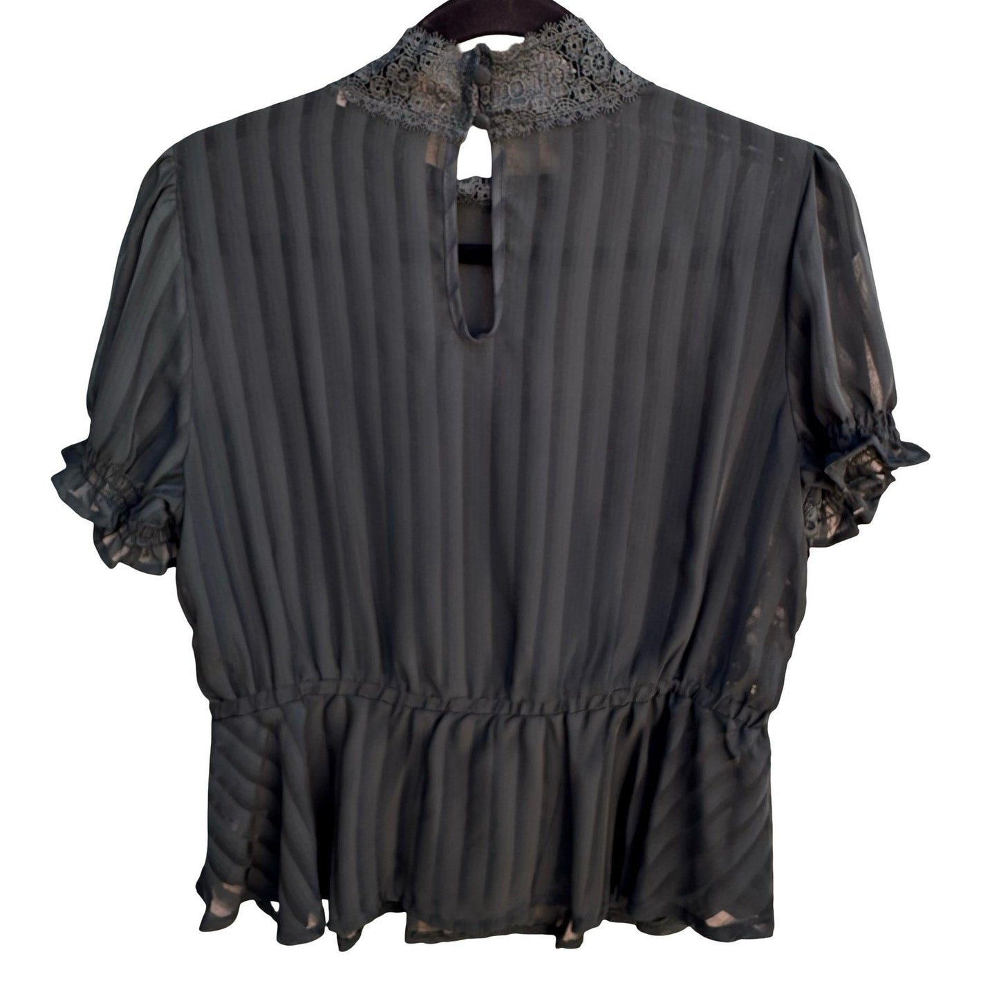 Haute Monde Teal Lace Panel Shadow Stripe Mock Neck Peplum Blouse Goth Victorian