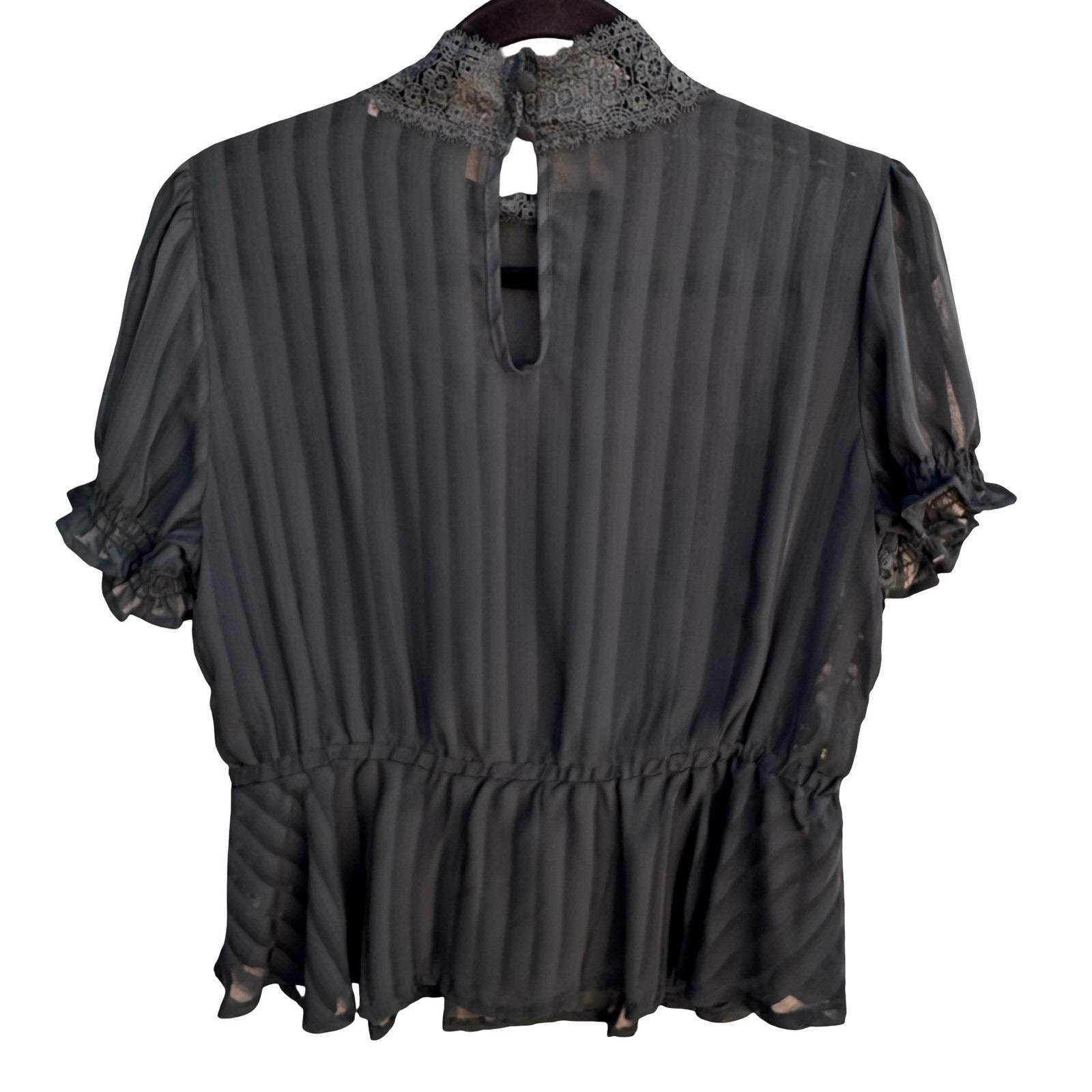 Haute Monde Teal Lace Panel Shadow Stripe Mock Neck Peplum Blouse Goth Victorian
