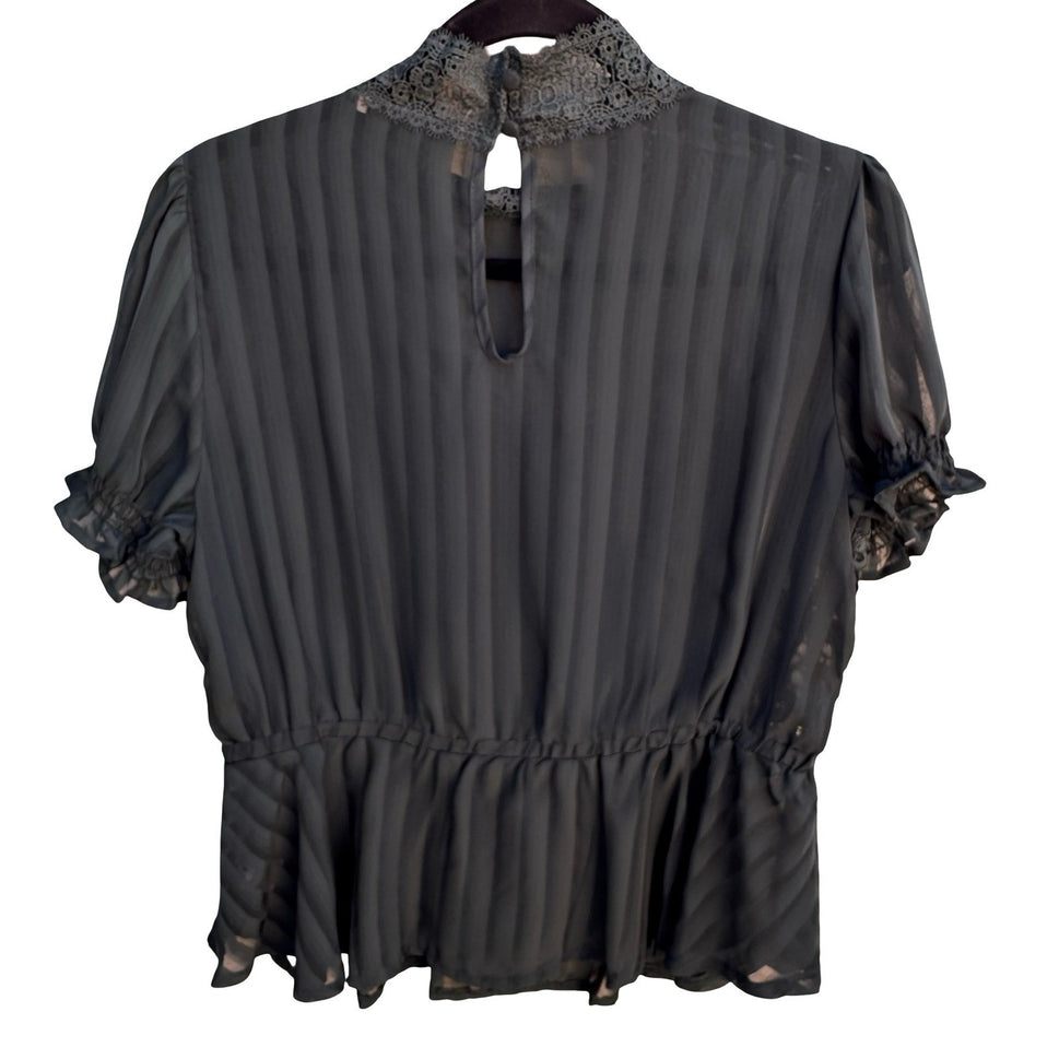Haute Monde Teal Lace Panel Shadow Stripe Mock Neck Peplum Blouse Goth Victorian