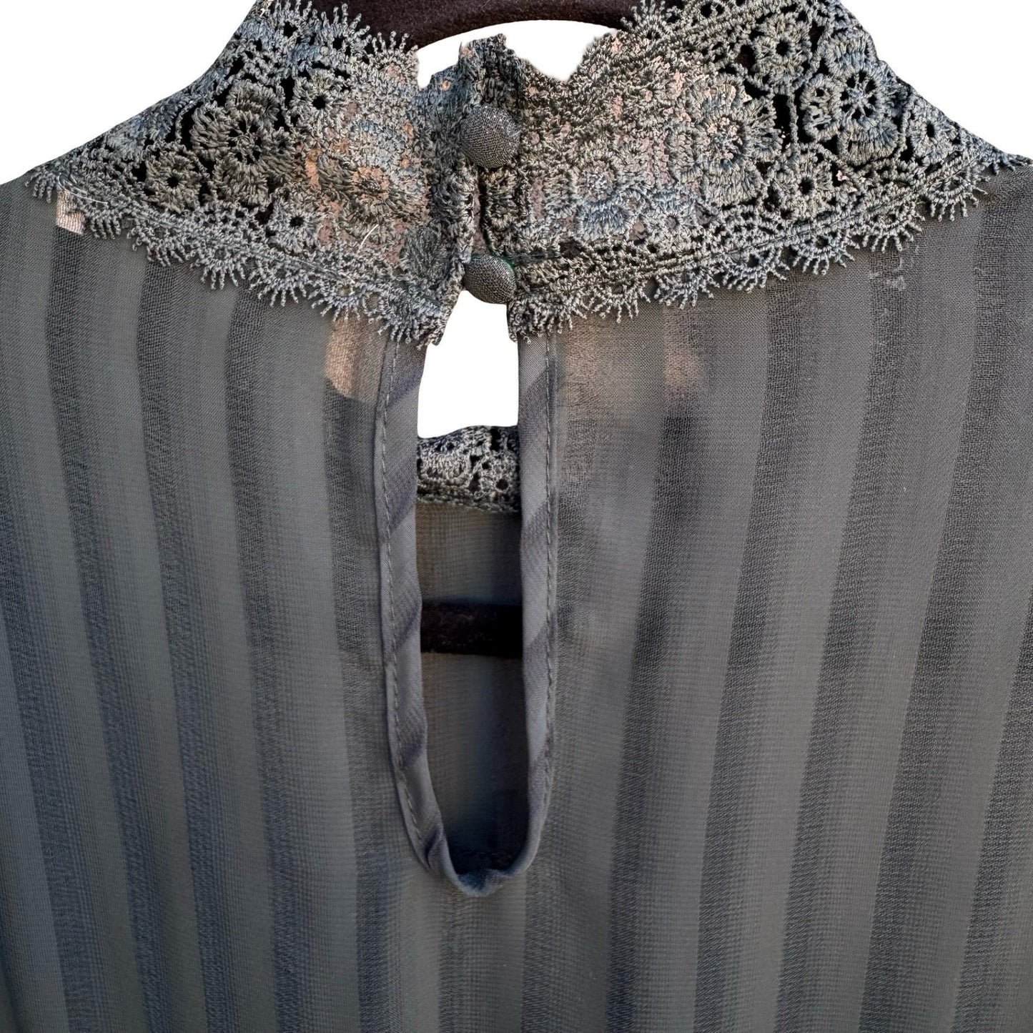 Haute Monde Teal Lace Panel Shadow Stripe Mock Neck Peplum Blouse Goth Victorian