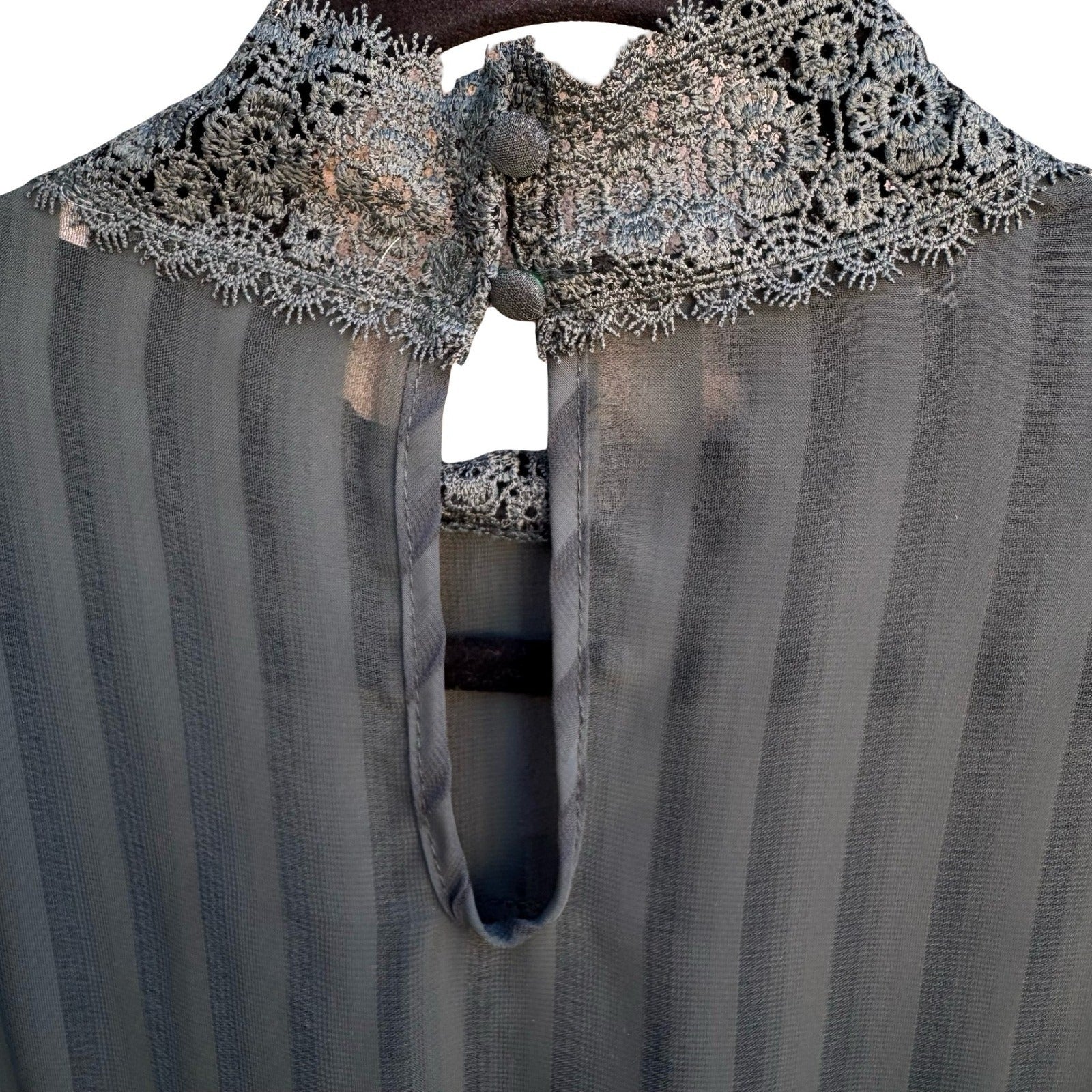 Haute Monde Teal Lace Panel Shadow Stripe Mock Neck Peplum Blouse Goth Victorian