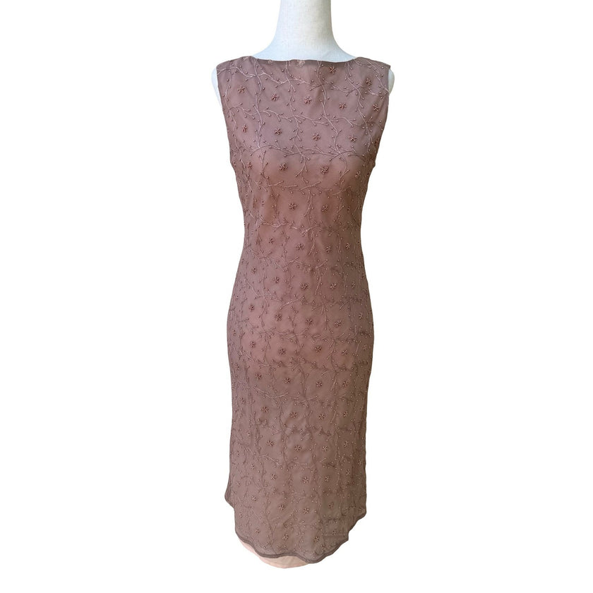 William B Coquette Romantic Beaded Floral Embroidered Mesh Midi Sheath Dress