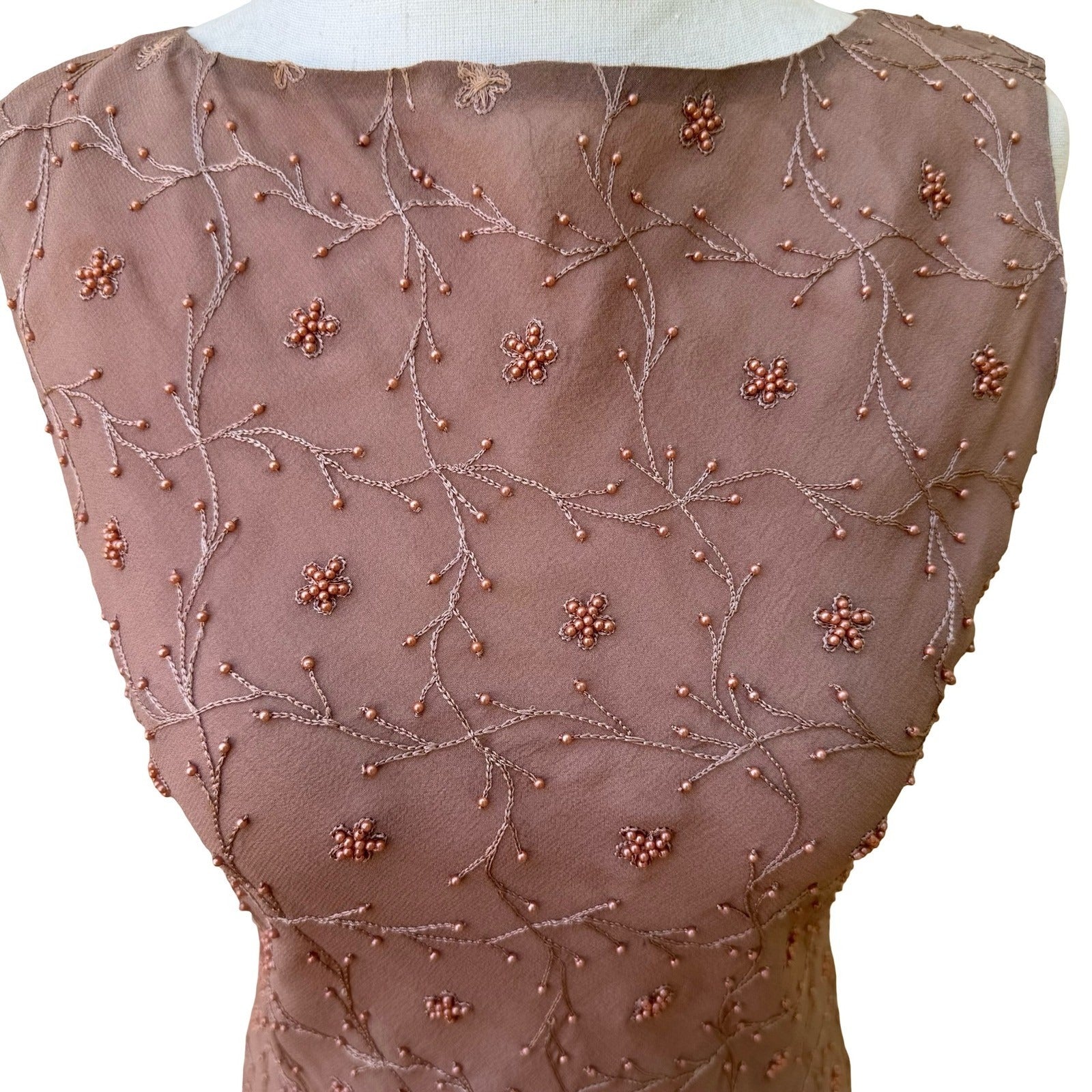 William B Coquette Romantic Beaded Floral Embroidered Mesh Midi Sheath Dress