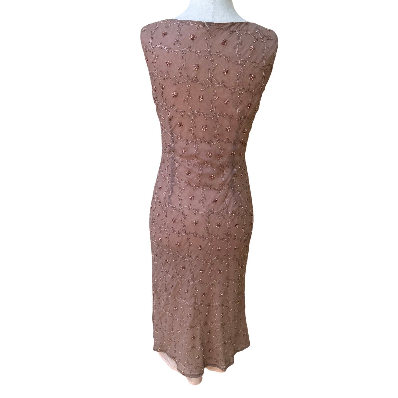 William B Coquette Romantic Beaded Floral Embroidered Mesh Midi Sheath Dress