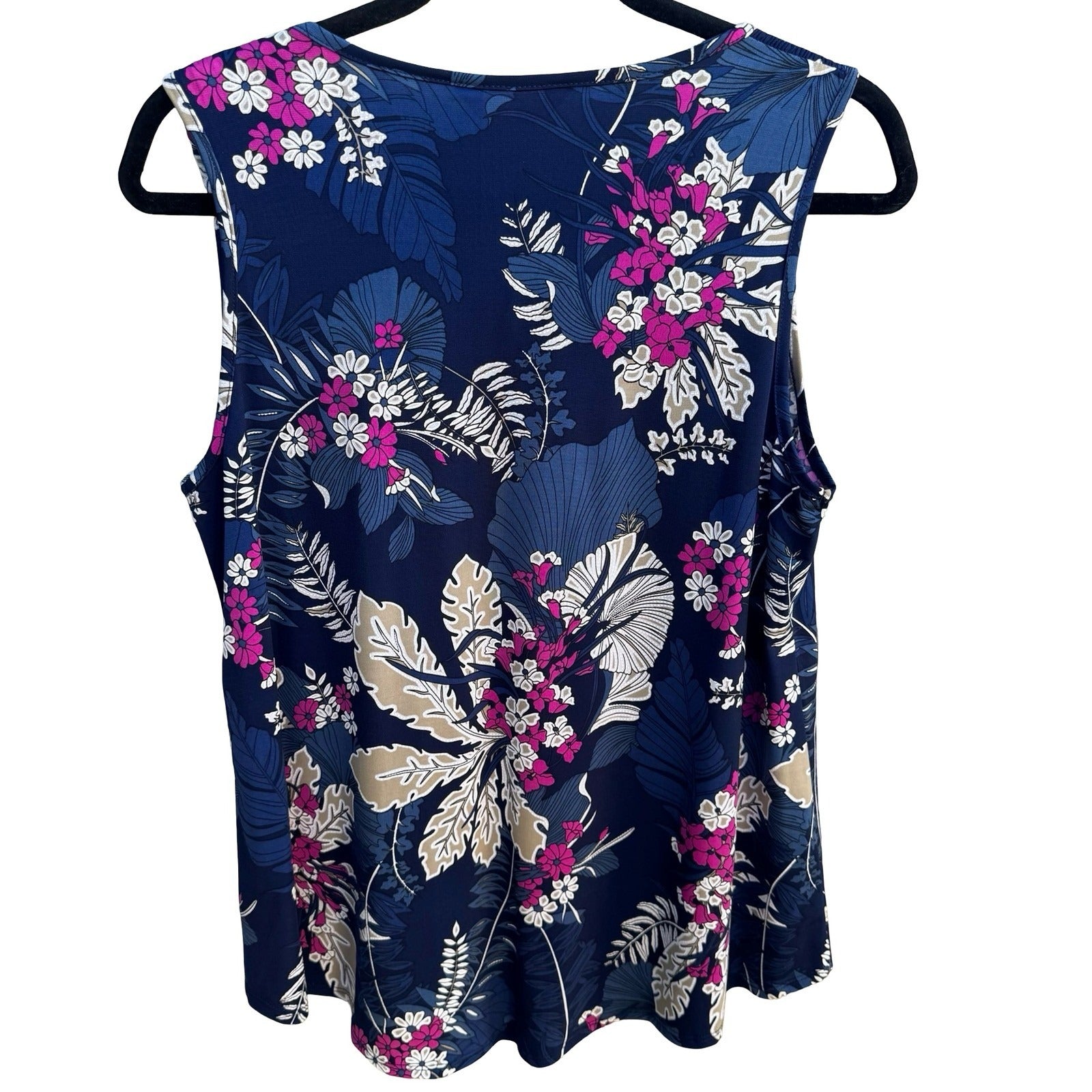 SJS Feminine Boho Flowy Tropical Floral Sleeveless Navy Smocked Blouse L NEW