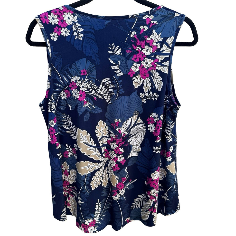 SJS Feminine Boho Flowy Tropical Floral Sleeveless Navy Smocked Blouse L NEW