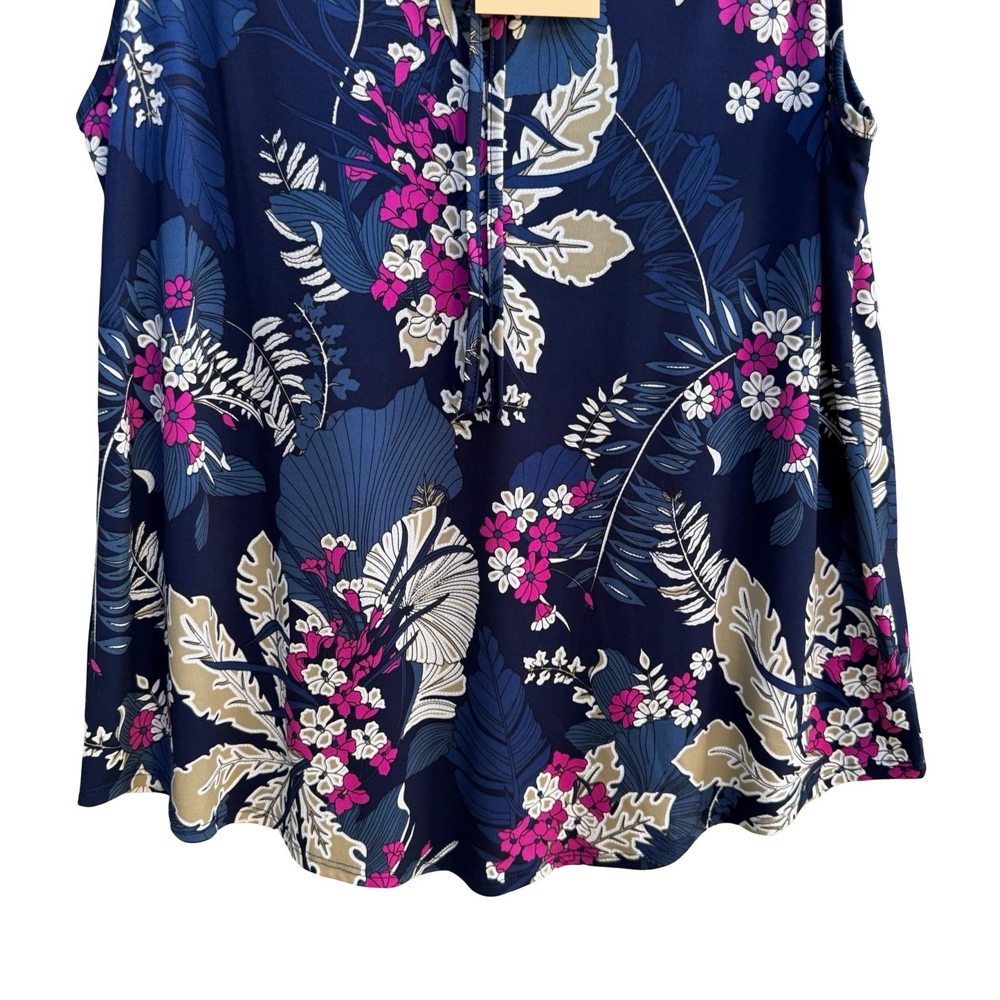 SJS Feminine Boho Flowy Tropical Floral Sleeveless Navy Smocked Blouse L NEW