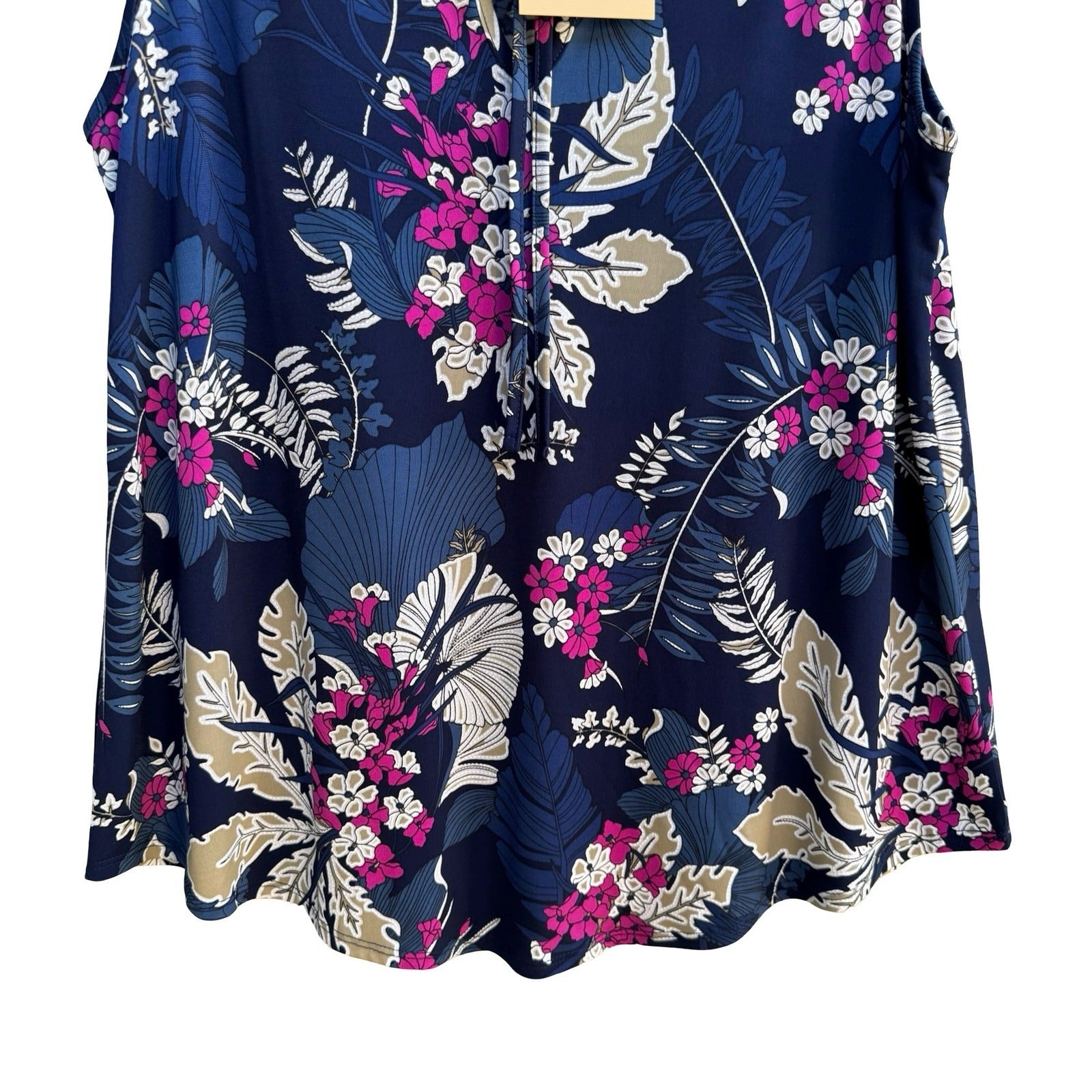 SJS Feminine Boho Flowy Tropical Floral Sleeveless Navy Smocked Blouse L NEW