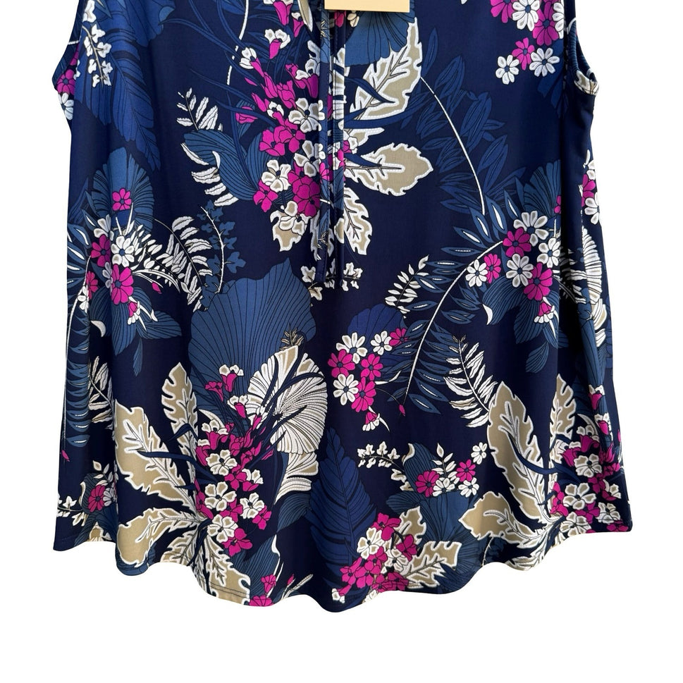 SJS Feminine Boho Flowy Tropical Floral Sleeveless Navy Smocked Blouse L NEW