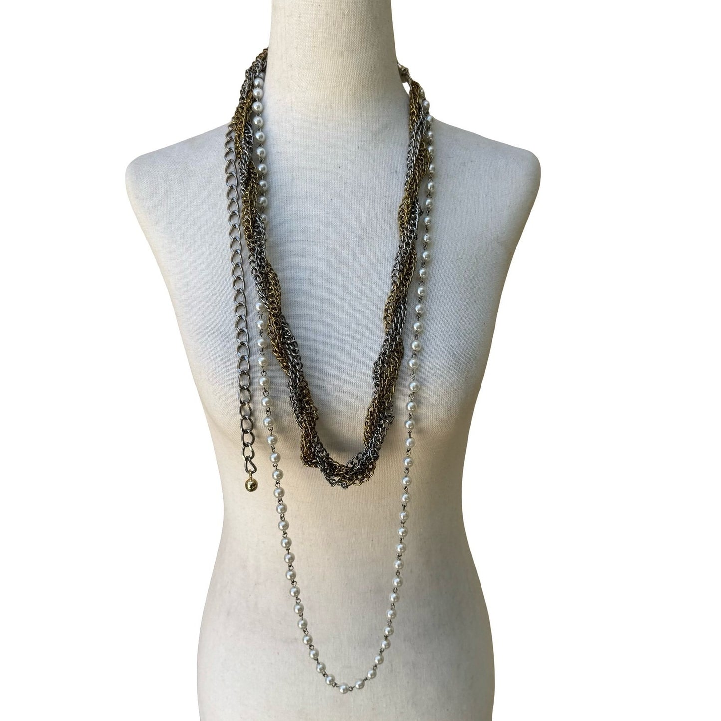 Vintage Mix Metal Multi Strand Braided Chain Faux Pearl Statement Necklace Belt