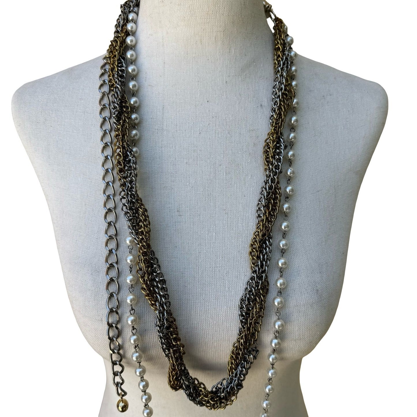 Vintage Mix Metal Multi Strand Braided Chain Faux Pearl Statement Necklace Belt