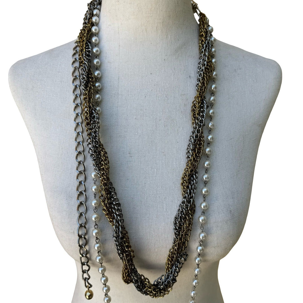 Vintage Mix Metal Multi Strand Braided Chain Faux Pearl Statement Necklace Belt