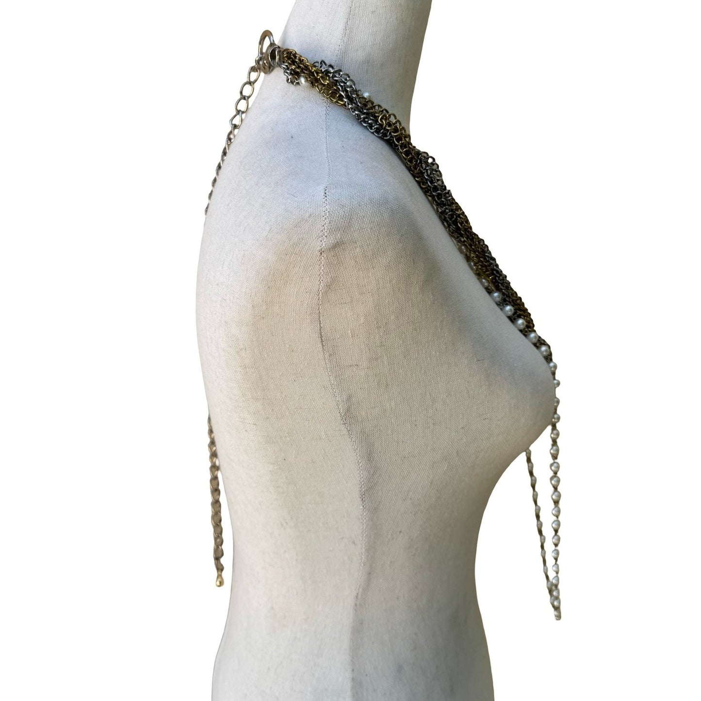 Vintage Mix Metal Multi Strand Braided Chain Faux Pearl Statement Necklace Belt