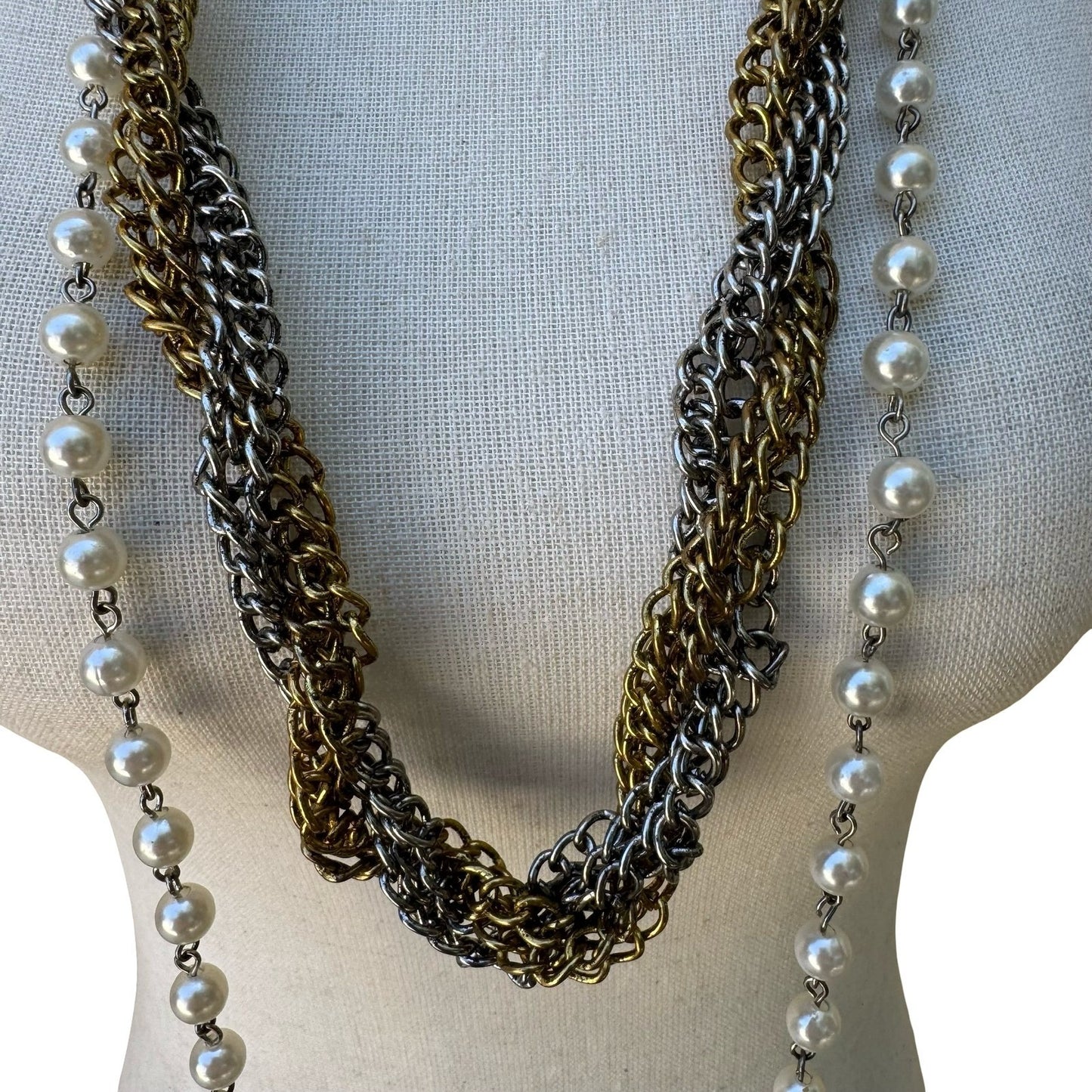 Vintage Mix Metal Multi Strand Braided Chain Faux Pearl Statement Necklace Belt