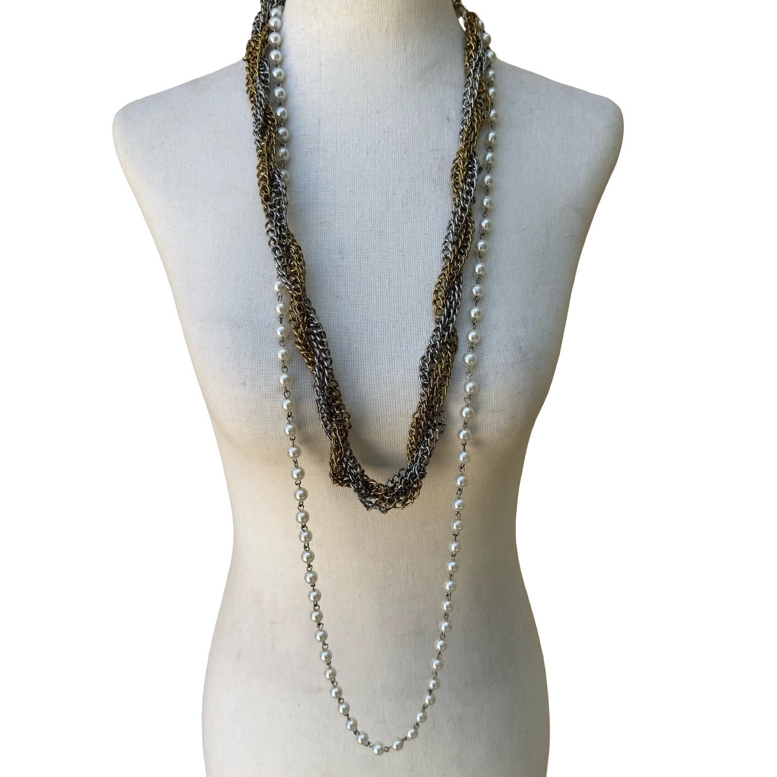 Vintage Mix Metal Multi Strand Braided Chain Faux Pearl Statement Necklace Belt