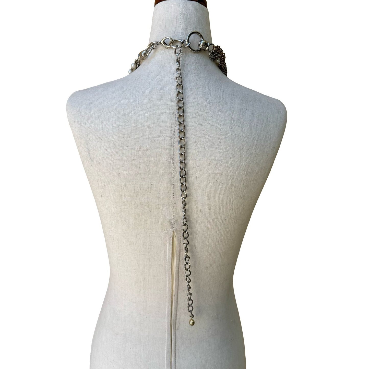 Vintage Mix Metal Multi Strand Braided Chain Faux Pearl Statement Necklace Belt