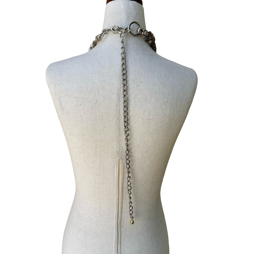 Vintage Mix Metal Multi Strand Braided Chain Faux Pearl Statement Necklace Belt