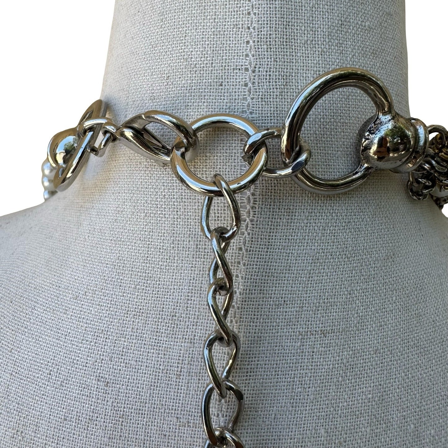 Vintage Mix Metal Multi Strand Braided Chain Faux Pearl Statement Necklace Belt