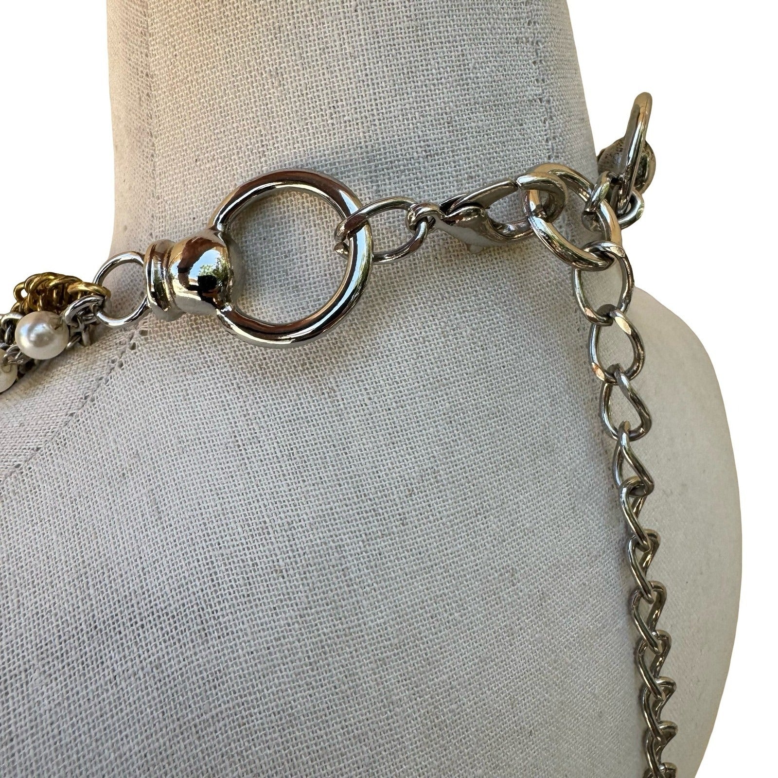 Vintage Mix Metal Multi Strand Braided Chain Faux Pearl Statement Necklace Belt
