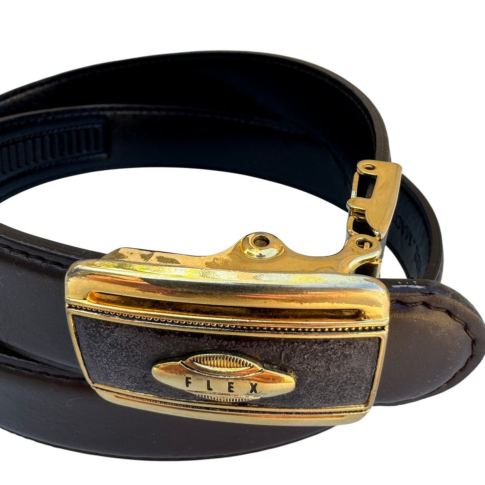 Flex Mens Vintage Ratchet Belt Dark Brown Genuine Leather Gold Buckle Made USA