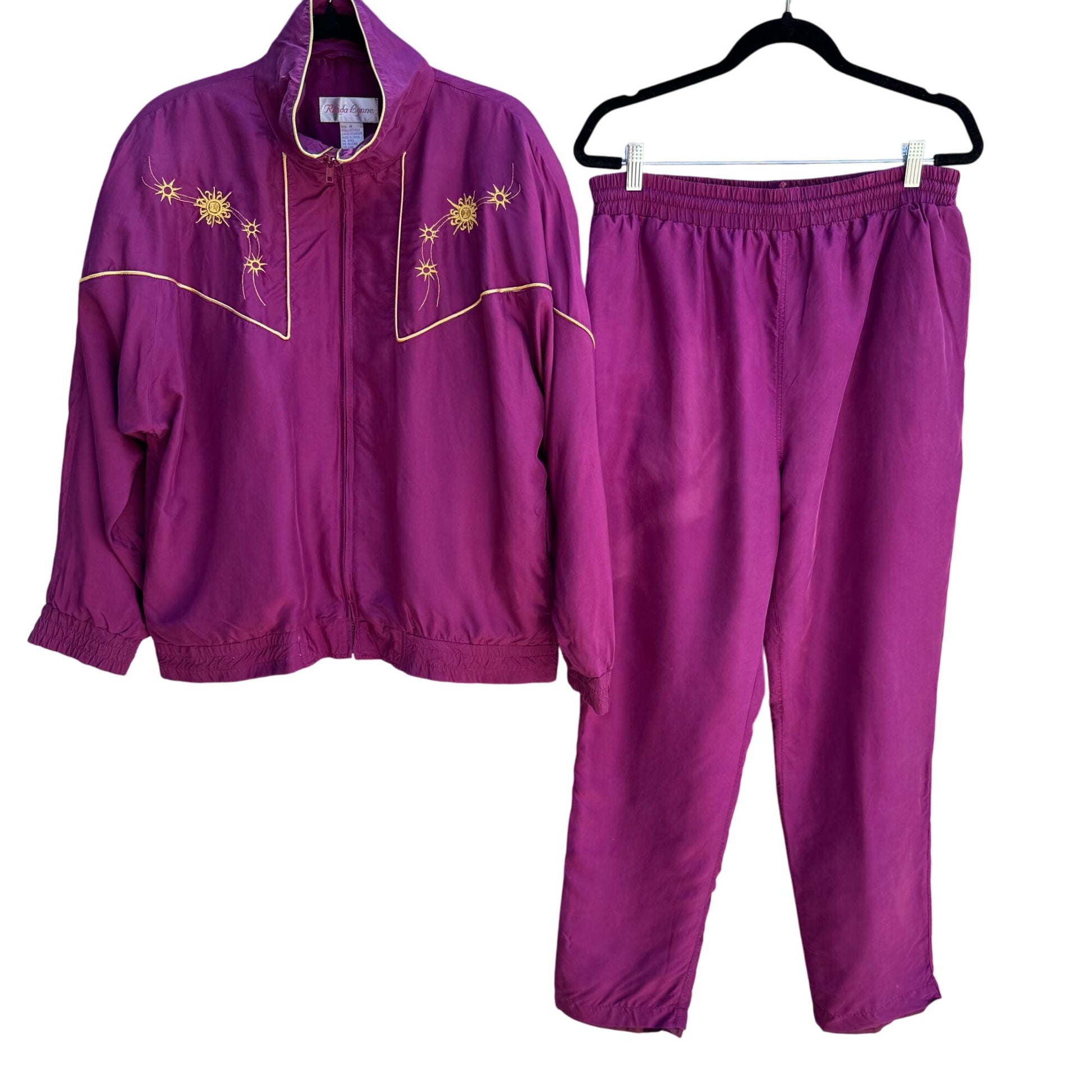 Rhoda Lynne Vintage Magenta Silk Embroidered Oversized Elastic Waist Tracksuit M
