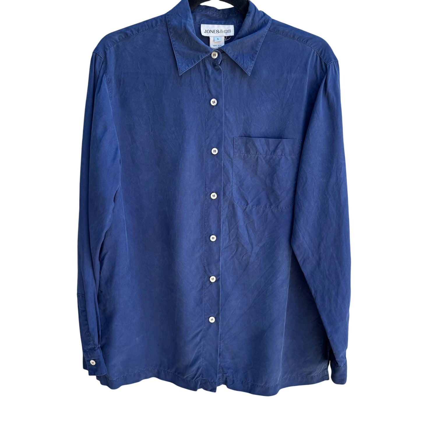 Jones & Co Vintage Womens Preppy Blue Silk Long Sleeve Button Down Shirt Small