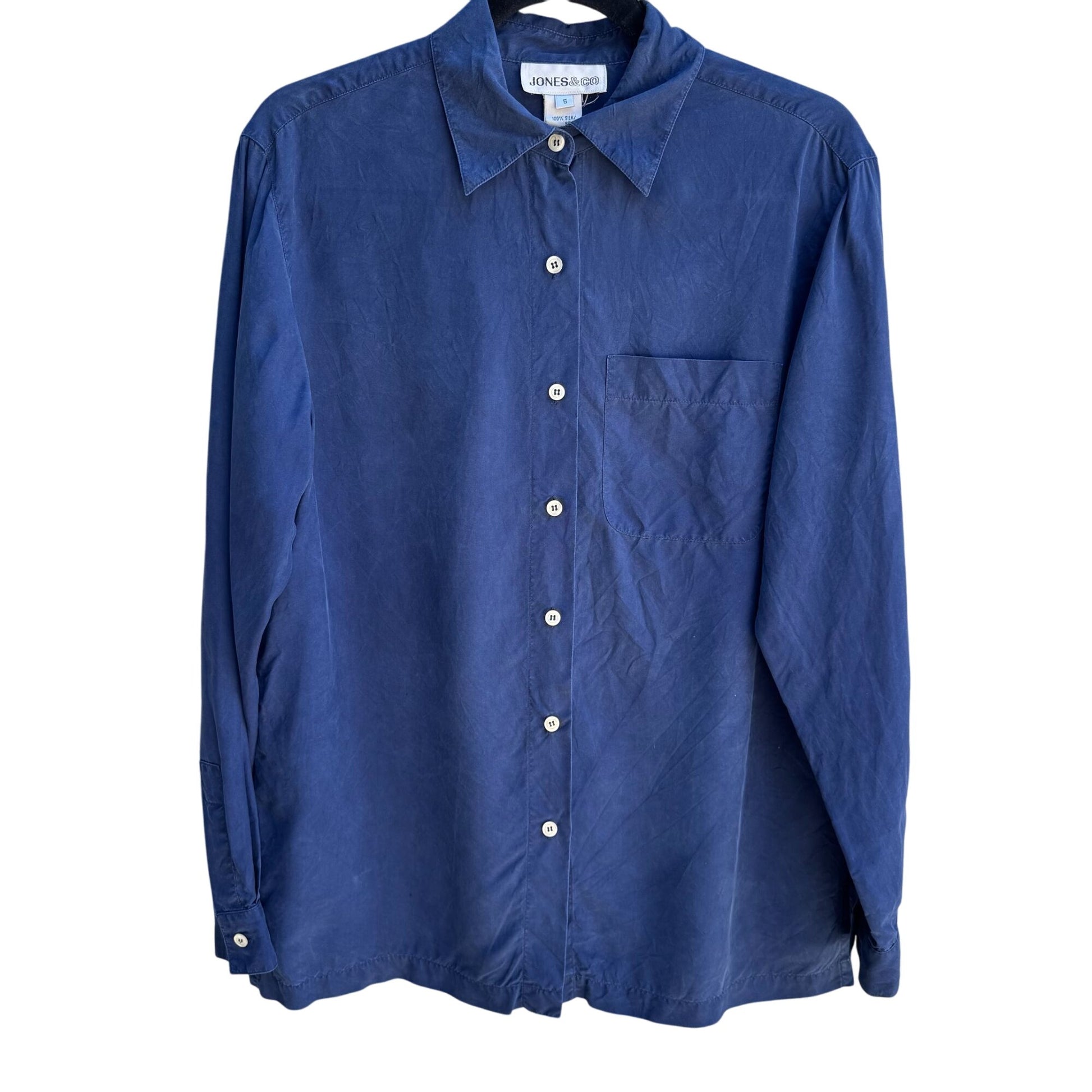 Jones & Co Vintage Womens Preppy Blue Silk Long Sleeve Button Down Shirt Small