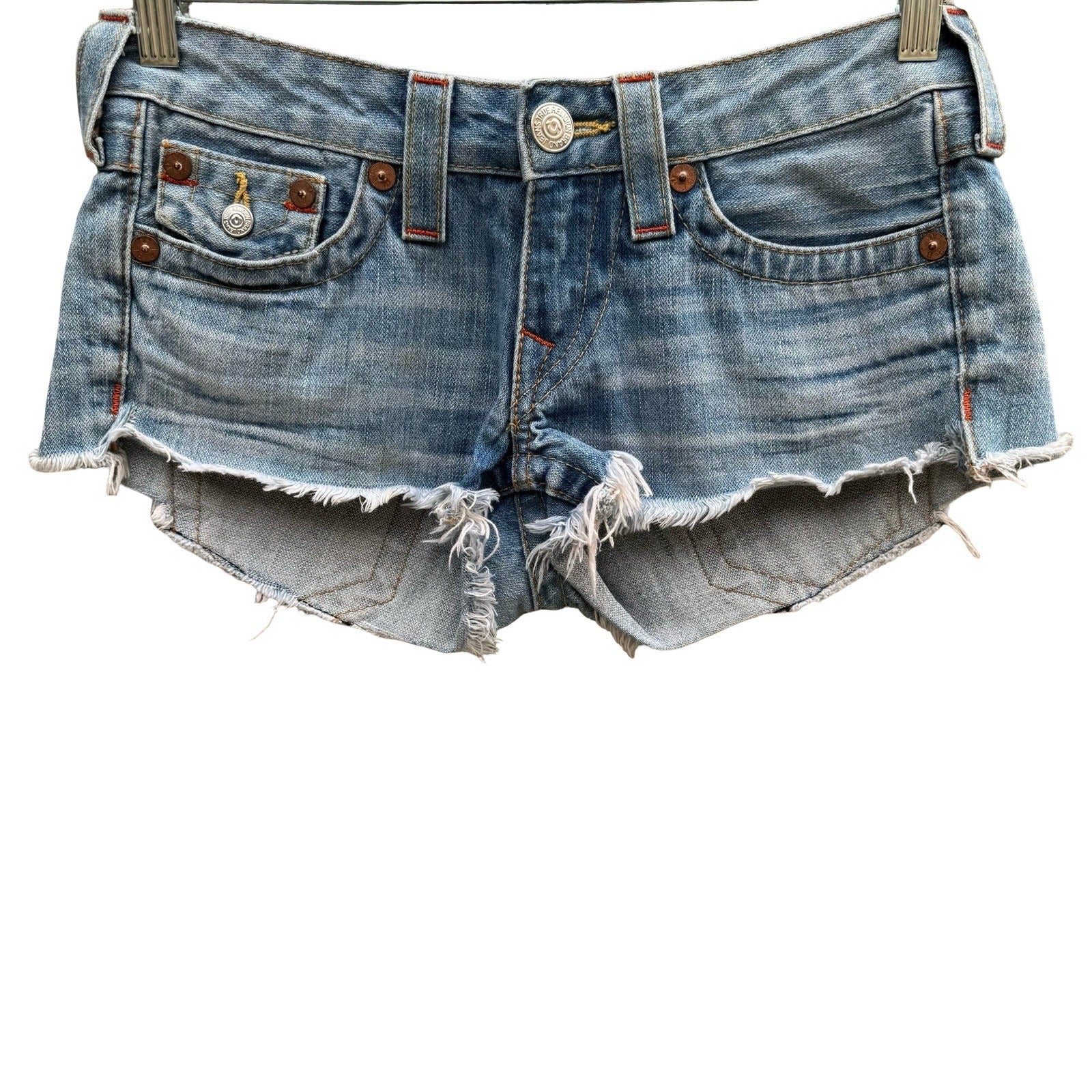 True Religion Joey Vintage Y2K Trashy Low Rise Denim Cut Off Shorts 26 Coachella