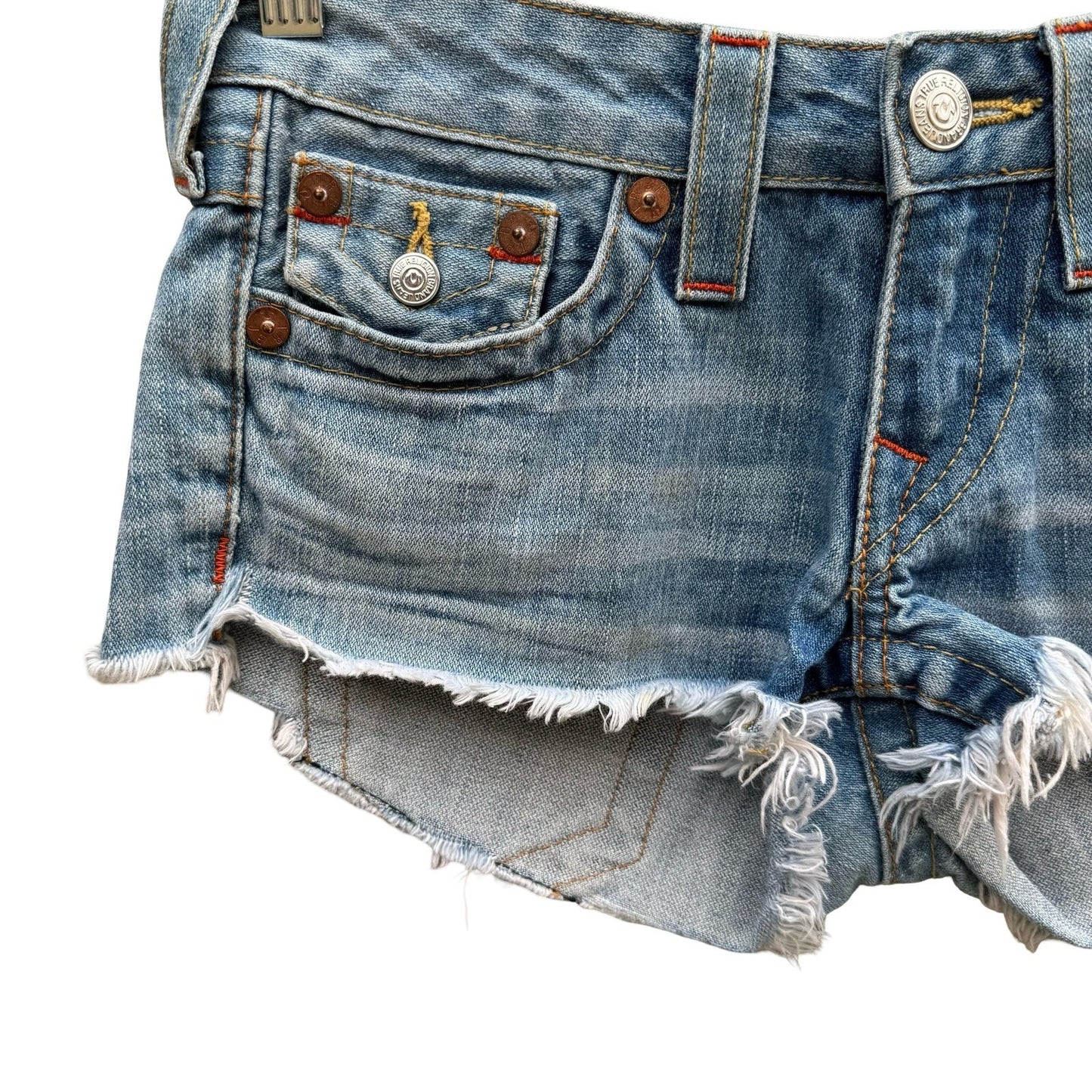 True Religion Joey Vintage Y2K Trashy Low Rise Denim Cut Off Shorts 26 Coachella