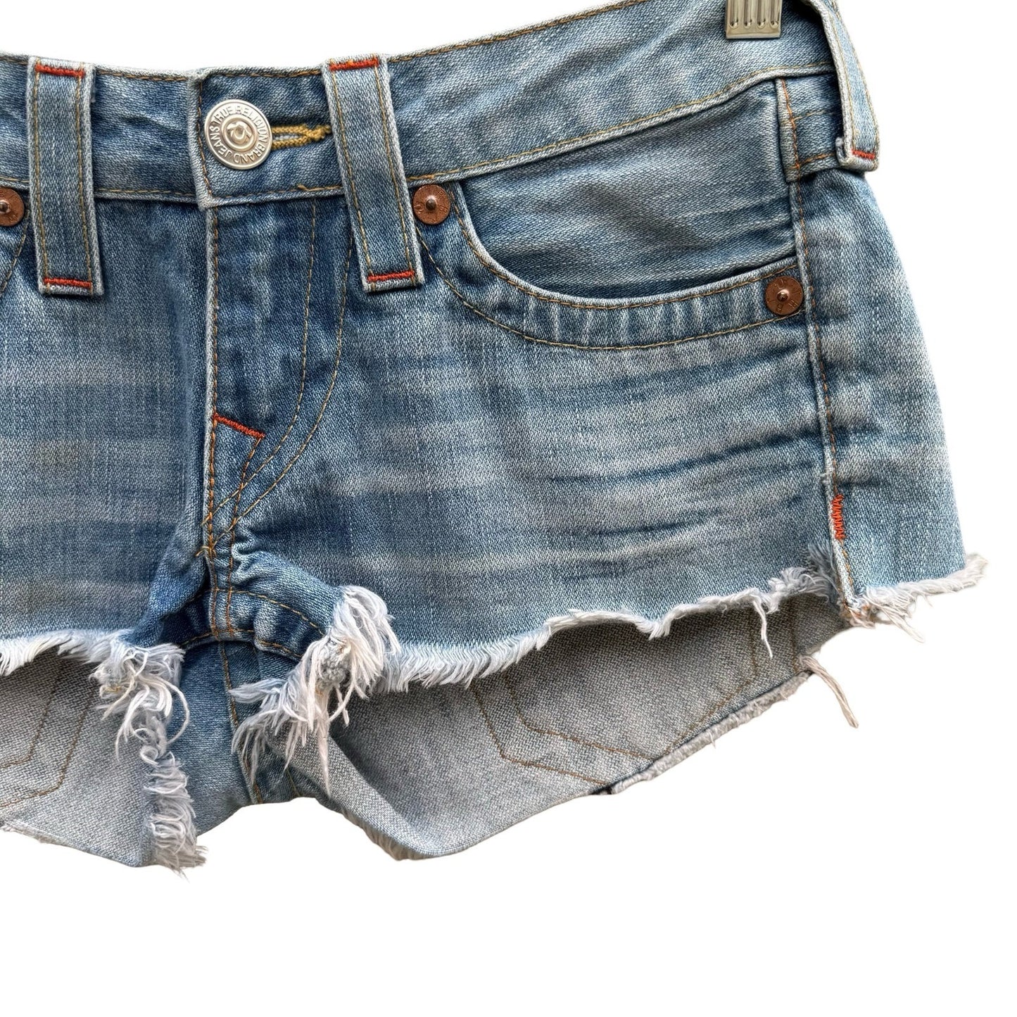 True Religion Joey Vintage Y2K Trashy Low Rise Denim Cut Off Shorts 26 Coachella