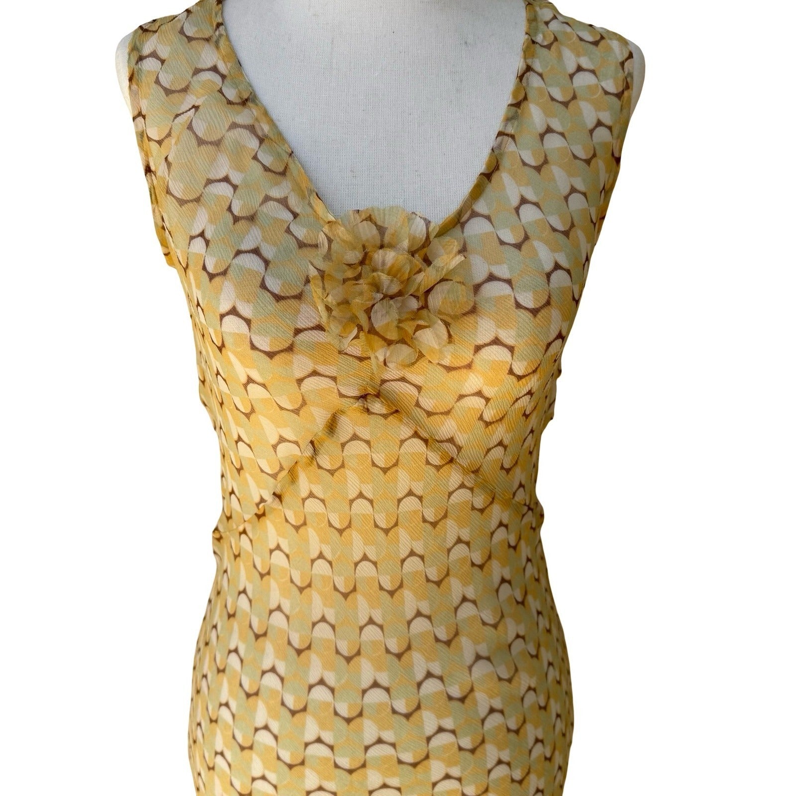 Melissa M Y2K Silk Mod Boho Ethereal Geometric Sheer Maxi Dress Butter Yellow S
