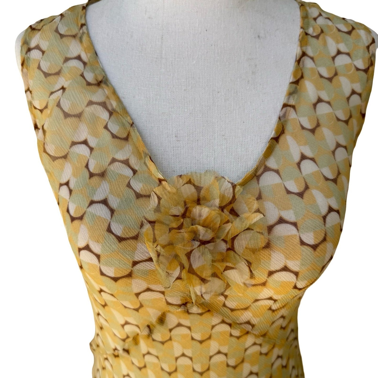 Melissa M Y2K Silk Mod Boho Ethereal Geometric Sheer Maxi Dress Butter Yellow S