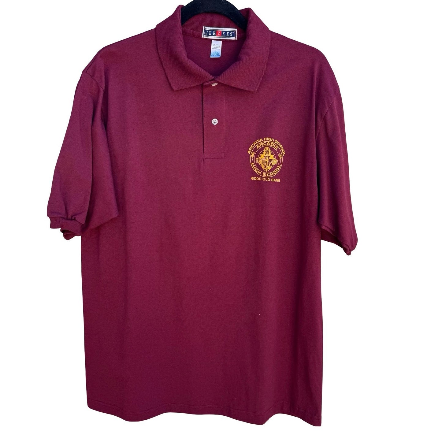 Jerzees Retro Arcadia High School Polo Shirt Mens L Maroon Gold Good Old Gang L