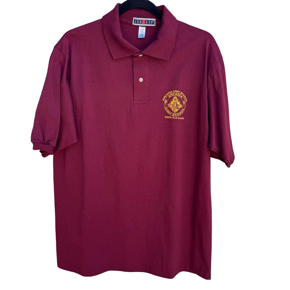 Jerzees Retro Arcadia High School Polo Shirt Mens L Maroon Gold Good Old Gang L