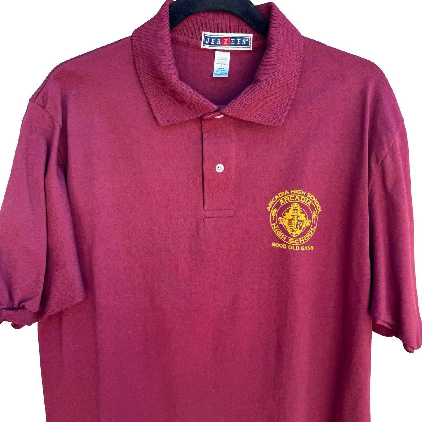 Jerzees Retro Arcadia High School Polo Shirt Mens L Maroon Gold Good Old Gang L