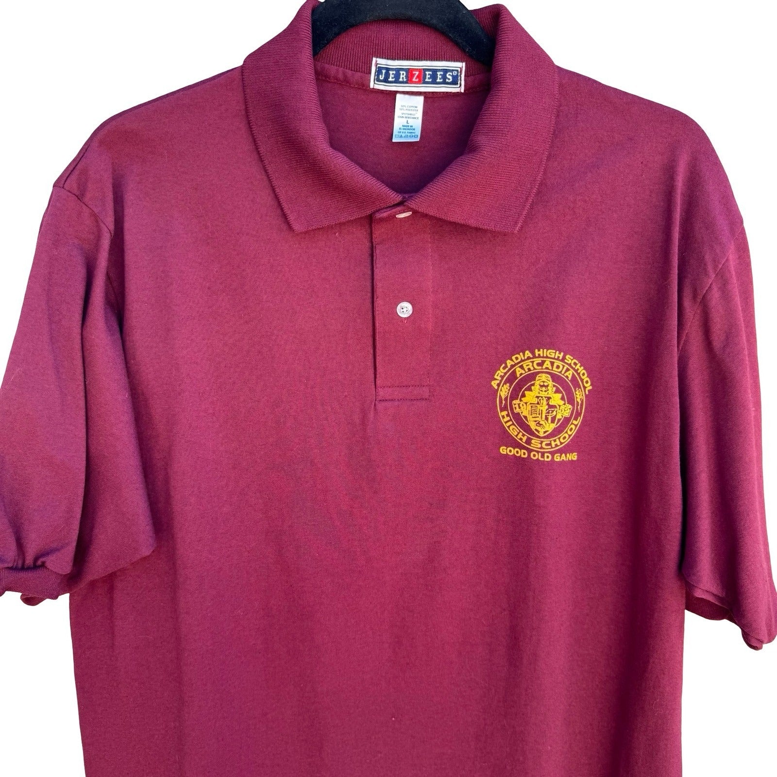 Jerzees Retro Arcadia High School Polo Shirt Mens L Maroon Gold Good Old Gang L