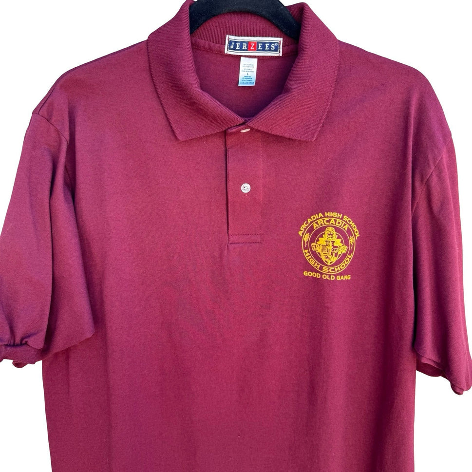 Jerzees Retro Arcadia High School Polo Shirt Mens L Maroon Gold Good Old Gang L