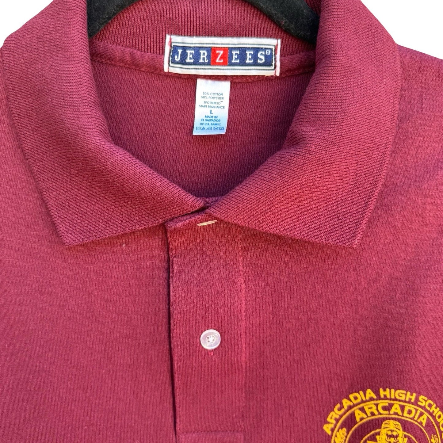 Jerzees Retro Arcadia High School Polo Shirt Mens L Maroon Gold Good Old Gang L