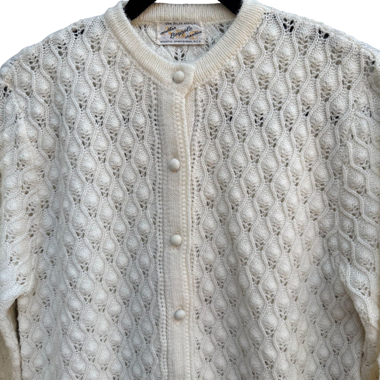 Boepple Sportswear NYC Vintage 60s 70s White Cable Knit Granny Cardigan Sweater