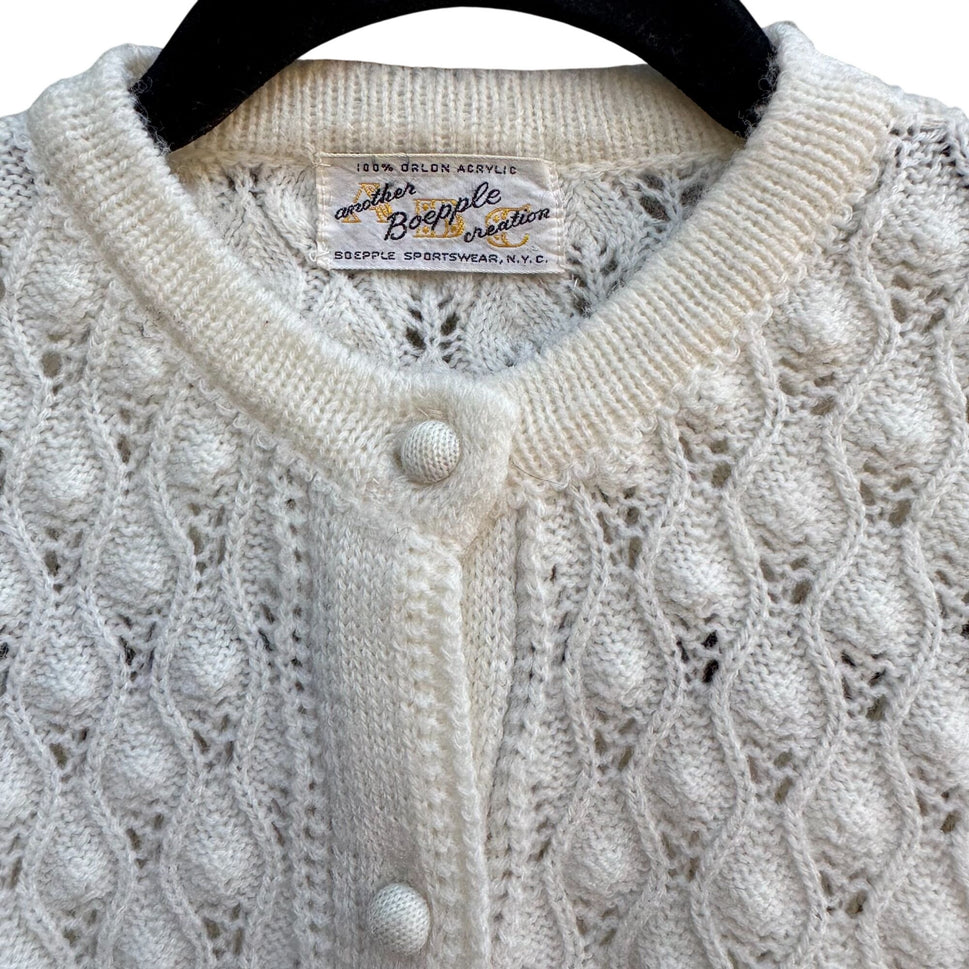 Boepple Sportswear NYC Vintage 60s 70s White Cable Knit Granny Cardigan Sweater