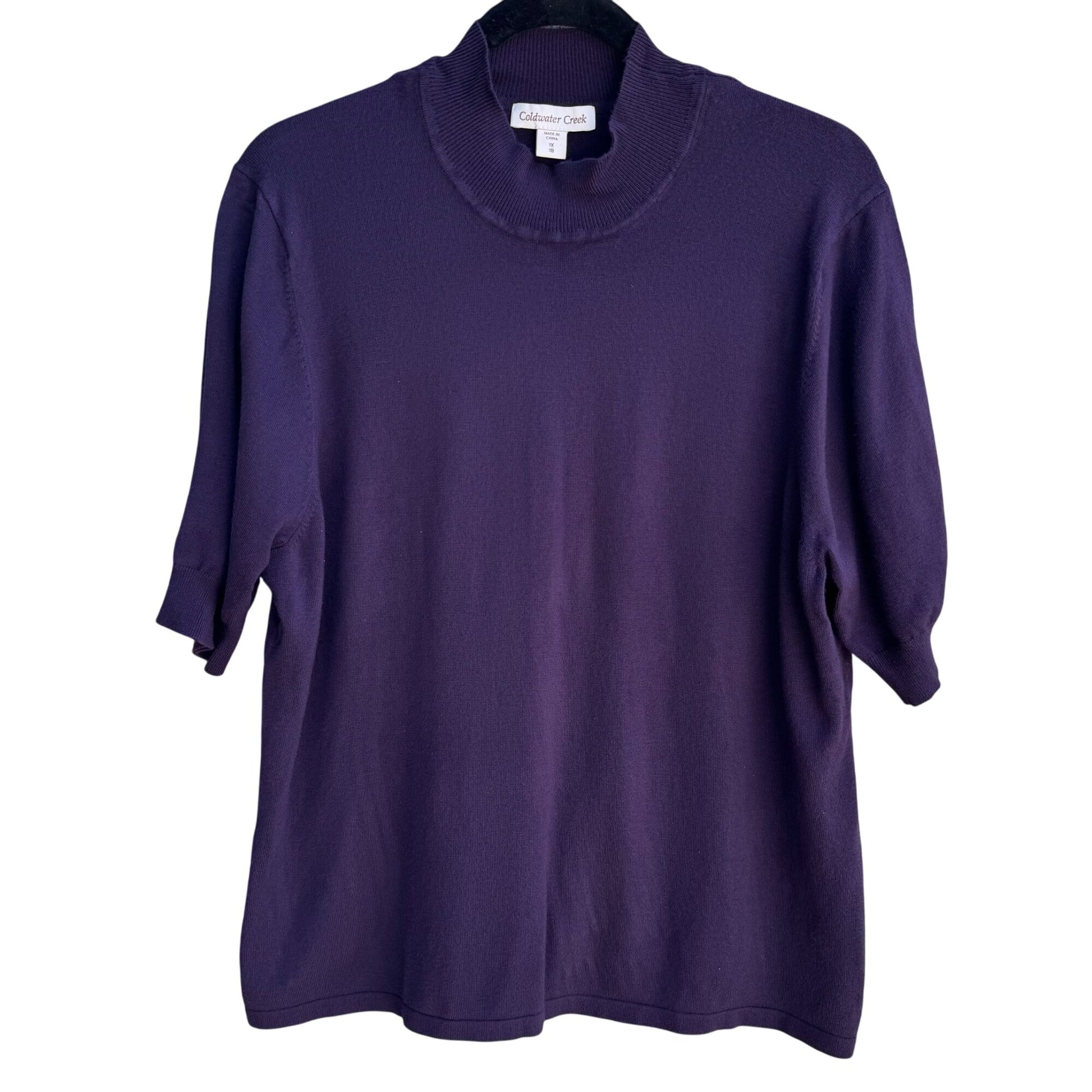 Coldwater Creek Womens Purple Mock Neck Stretch Short Sleeve Sweater Blouse  1X