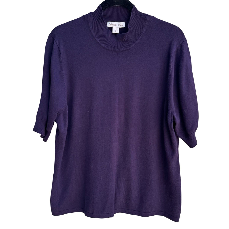 Coldwater Creek Womens Purple Mock Neck Stretch Short Sleeve Sweater Blouse  1X