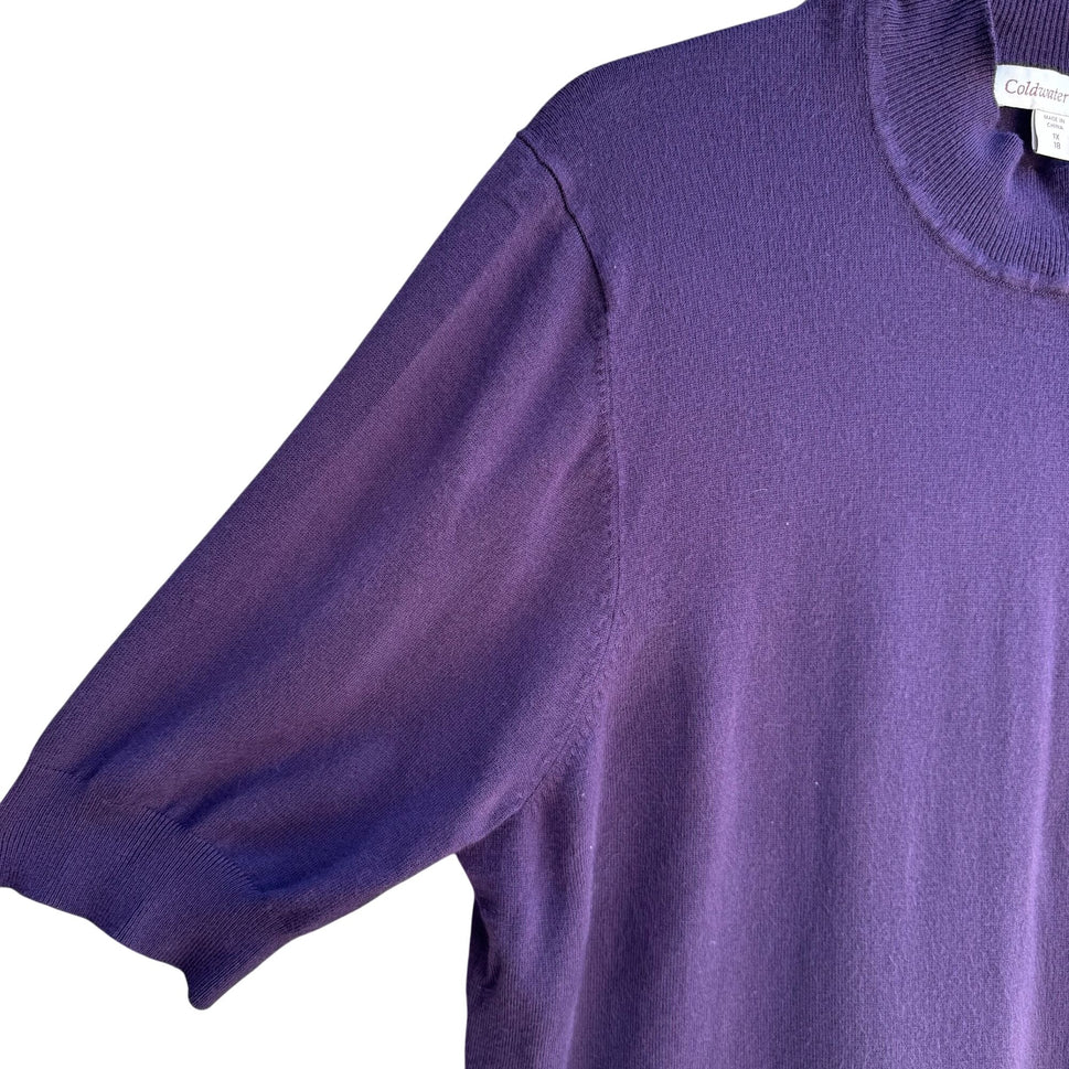 Coldwater Creek Womens Purple Mock Neck Stretch Short Sleeve Sweater Blouse  1X